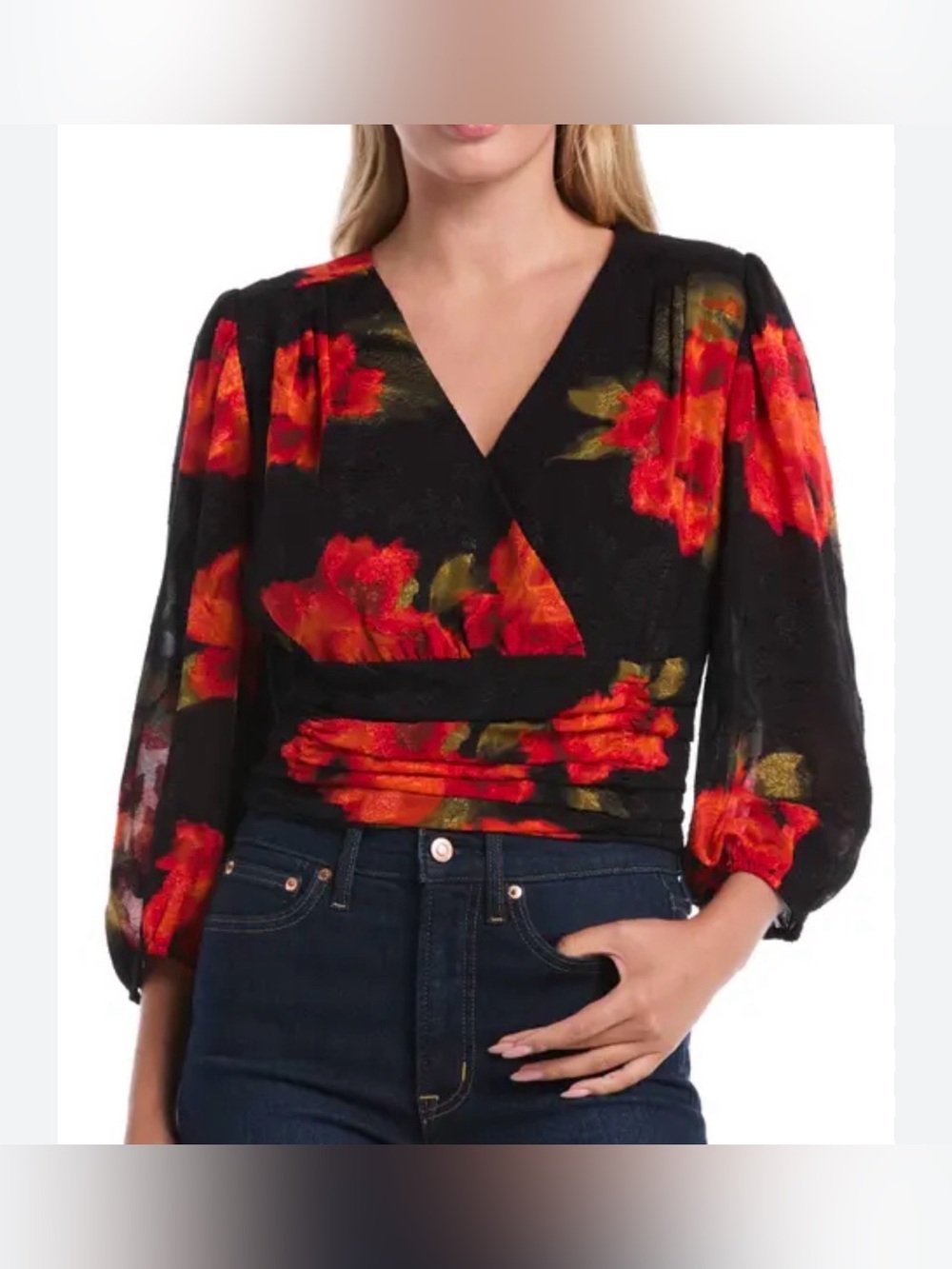 Laundry by Shelli Segal Red Floral Jacquard Surplice Blouse Top Size S